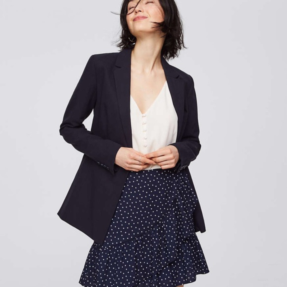 LOFT Polka Dotted Ruffle Wrap Skirt, Navy Blue, 2